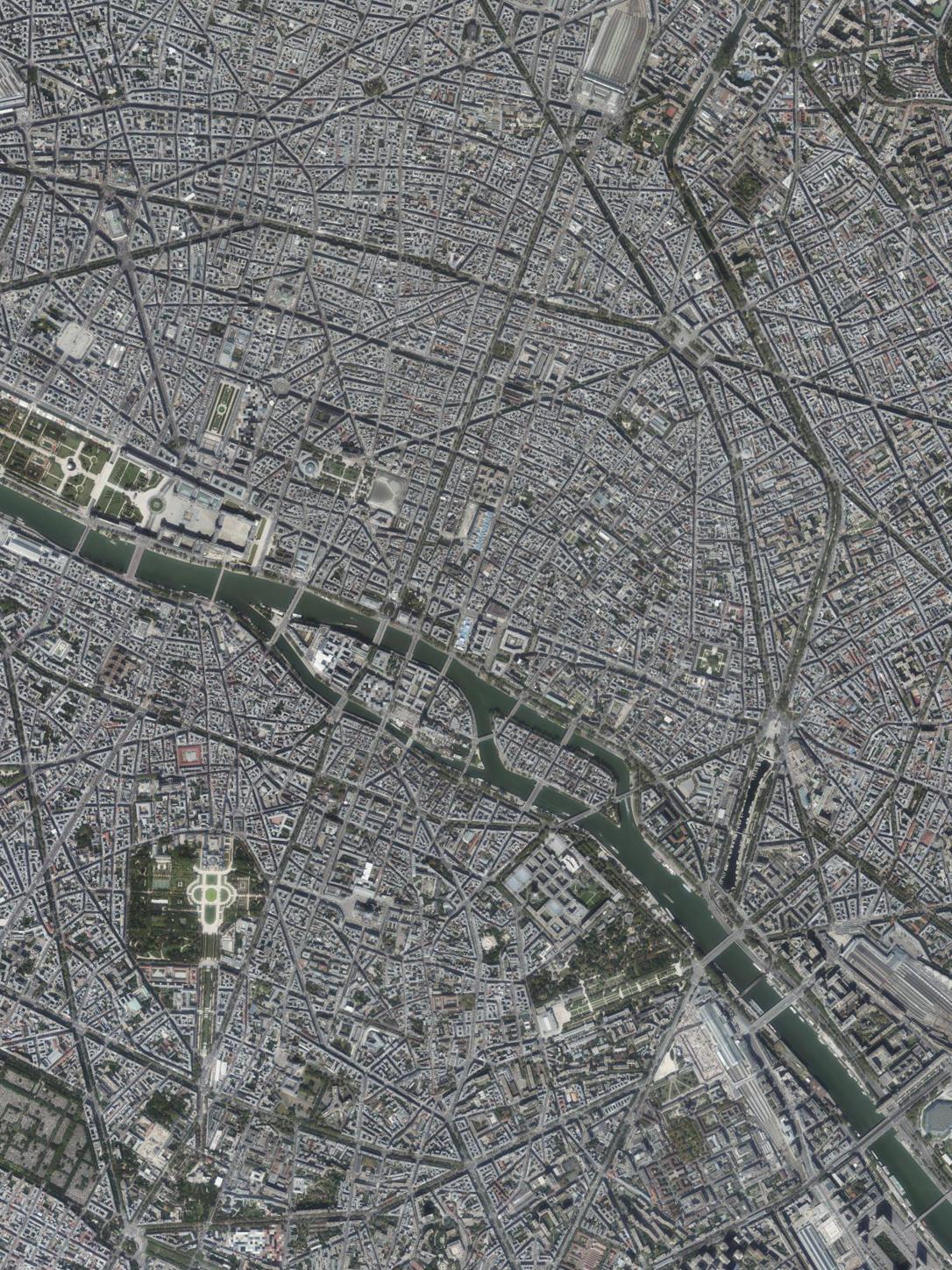 Real aerial imagery of central Paris and the Seine, used for an illustrative walking-map composition.